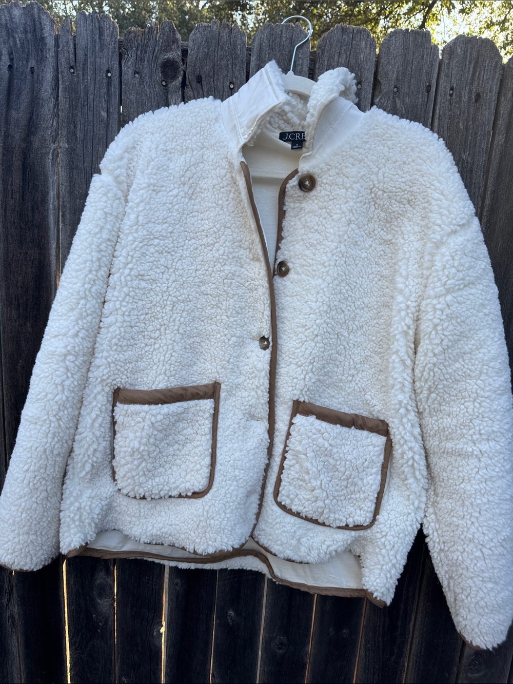 J. Crew Cream Teddy Jacket with Brown Trim